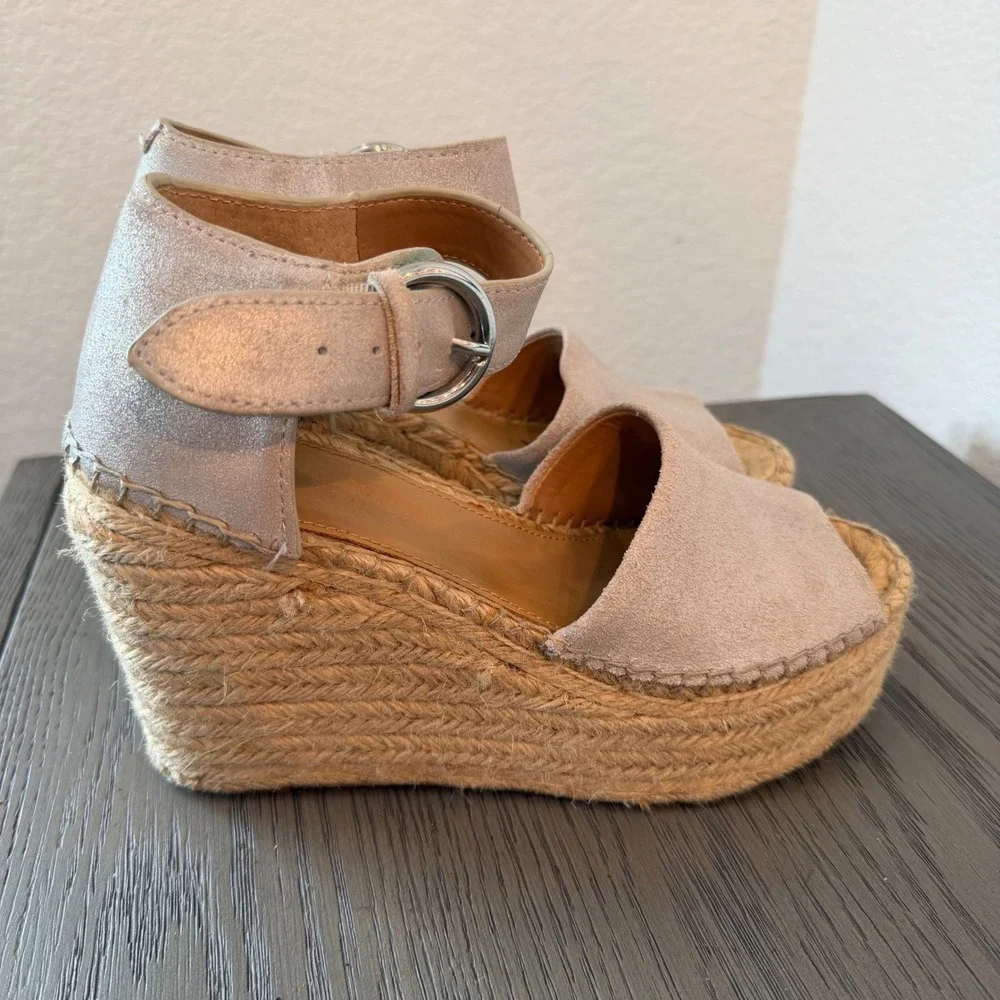 Marc Fisher LTD Alida Metallic Leather Espadrille Wedge Sandals‎ Silver 8M